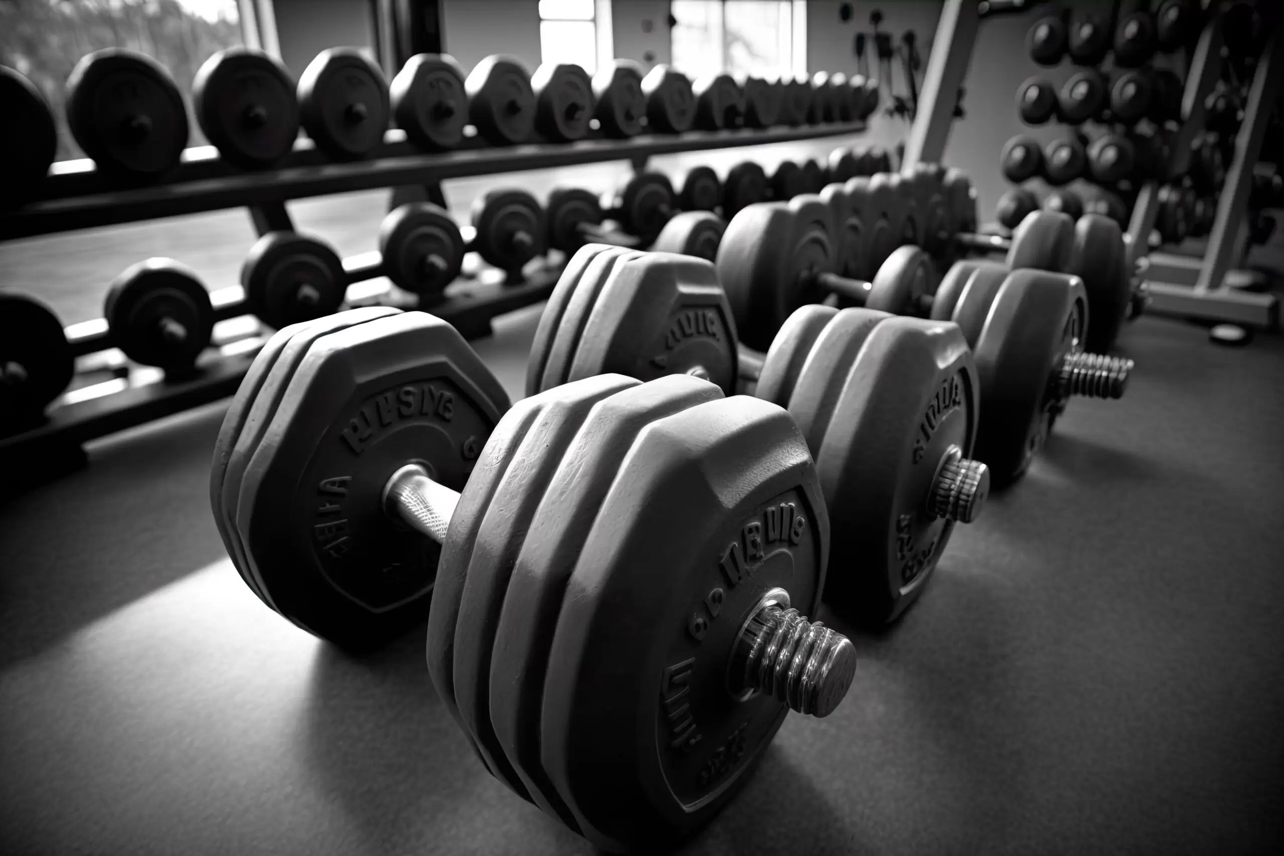 Dumbbells on the floor of a gym.